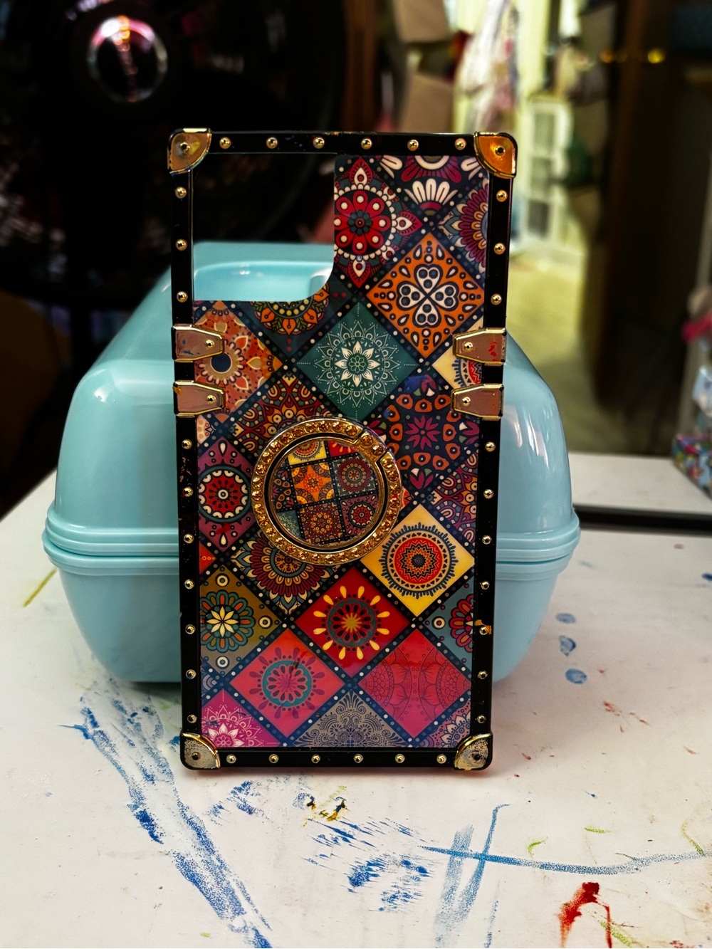 Colorful Mosaic Pattern Trunk Style iPhone 15 Case with Gold Ring